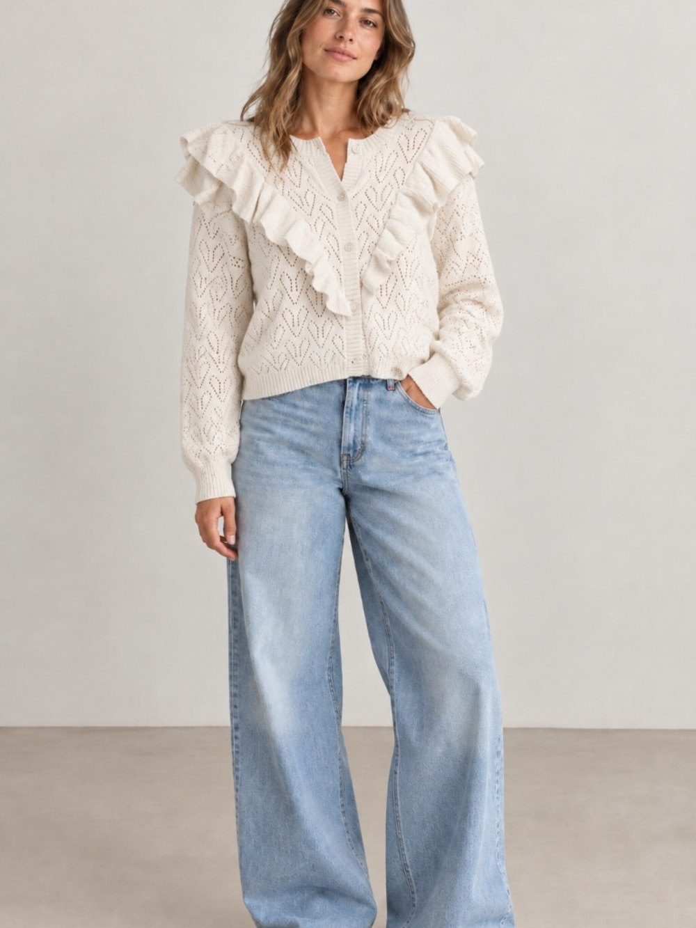Bagatelle Collection Heart Ruffle Cardigan Sweater Ivory sz L New